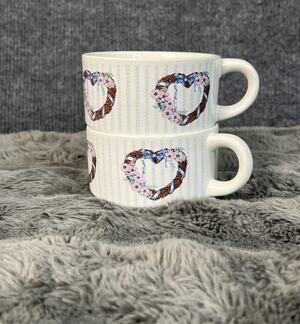Vintage Floral Soup Mugs Set of 2 | Cottagecore Kitchen | Pink Blue Heart Design